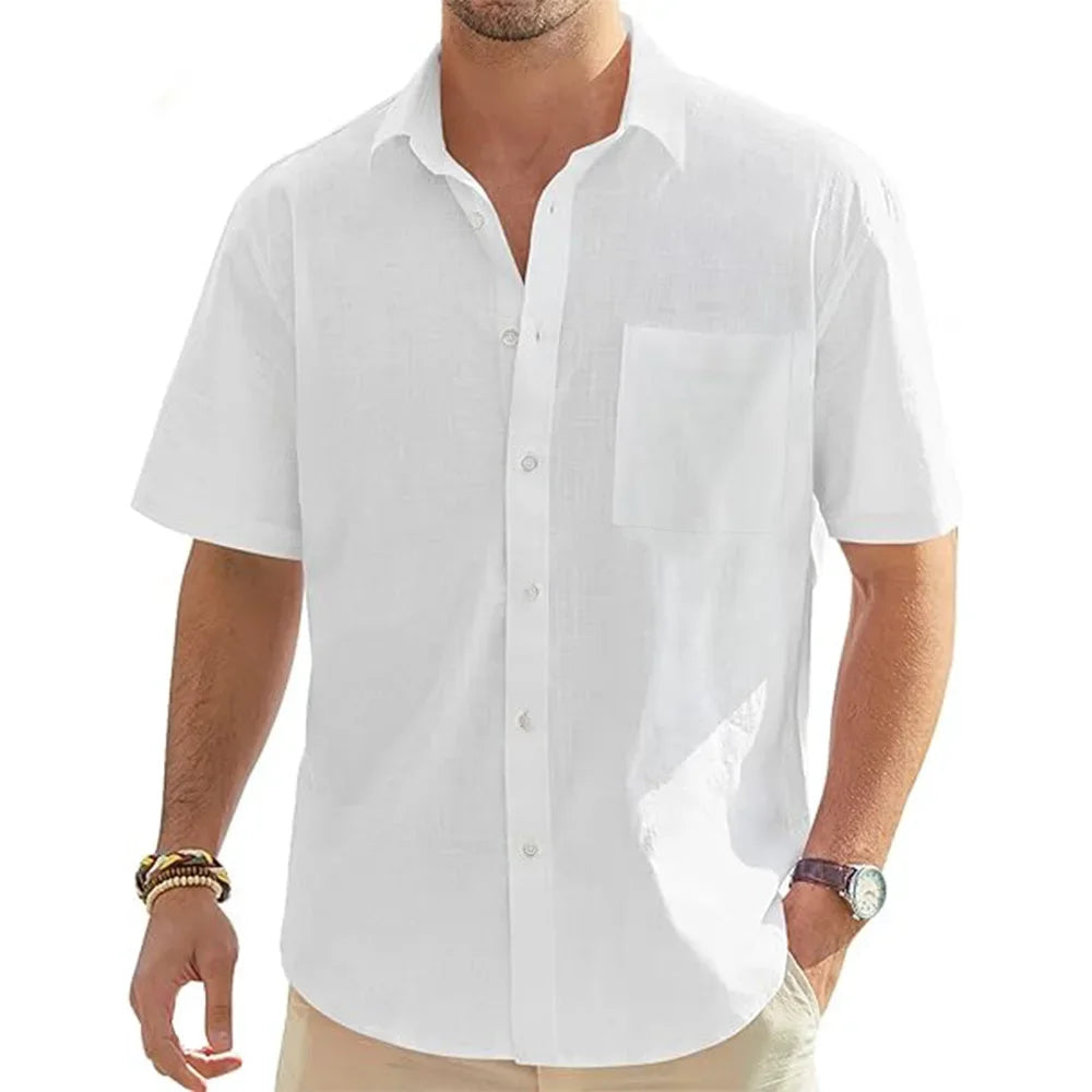 Men's Cotton Linen Short Sleeve Button Shirt