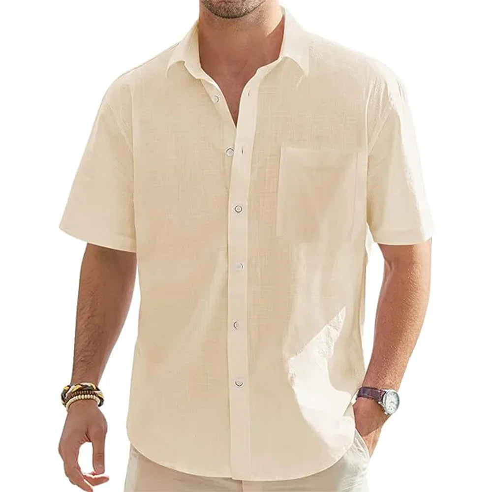 Men's Cotton Linen Short Sleeve Button Shirt