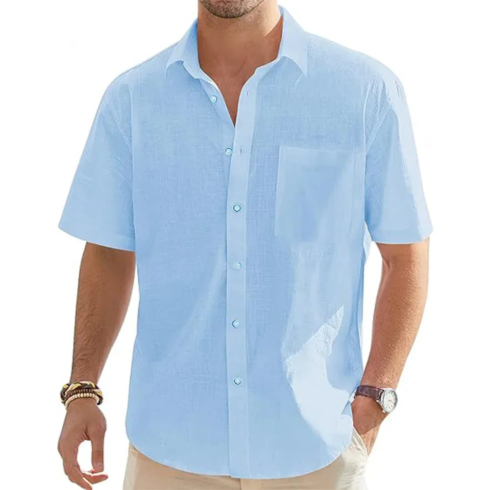 Men's Cotton Linen Short Sleeve Button Shirt